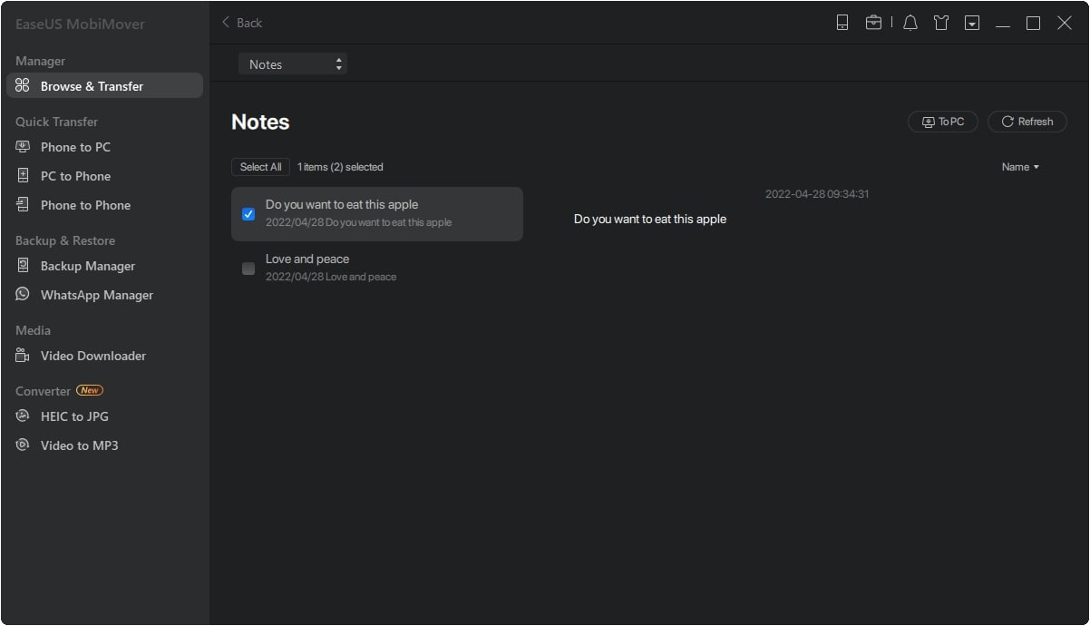 select the notes