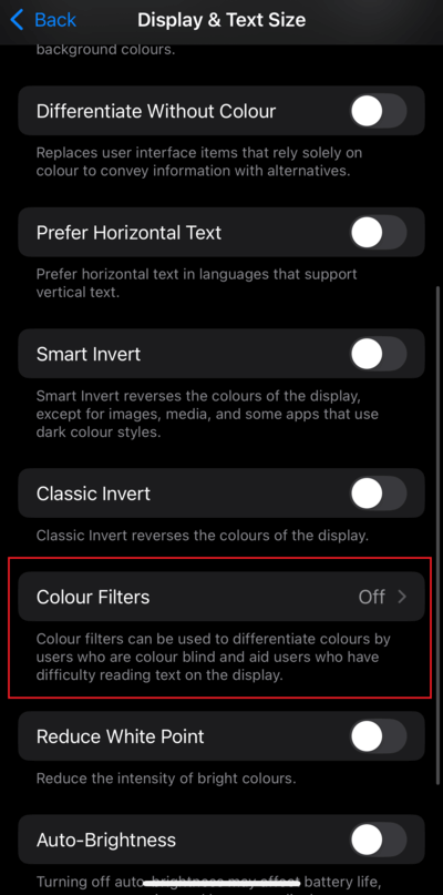 iPhone: Color Filters Option. Turn it ON