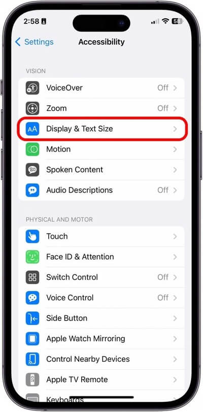 iPhone: Display and Text Size under Settings