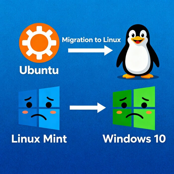Ubuntu and Linux Mint as cheerful Windows 10 alternatives showing migration from sad Windows logo to happy Linux options