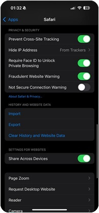 Clear History and Web Site Data