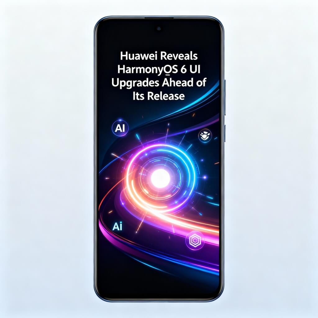 Huawei HarmonyOS 6 UI upgrades announcement with modern smartphone displaying futuristic interface, dynamic light effects, and AI features