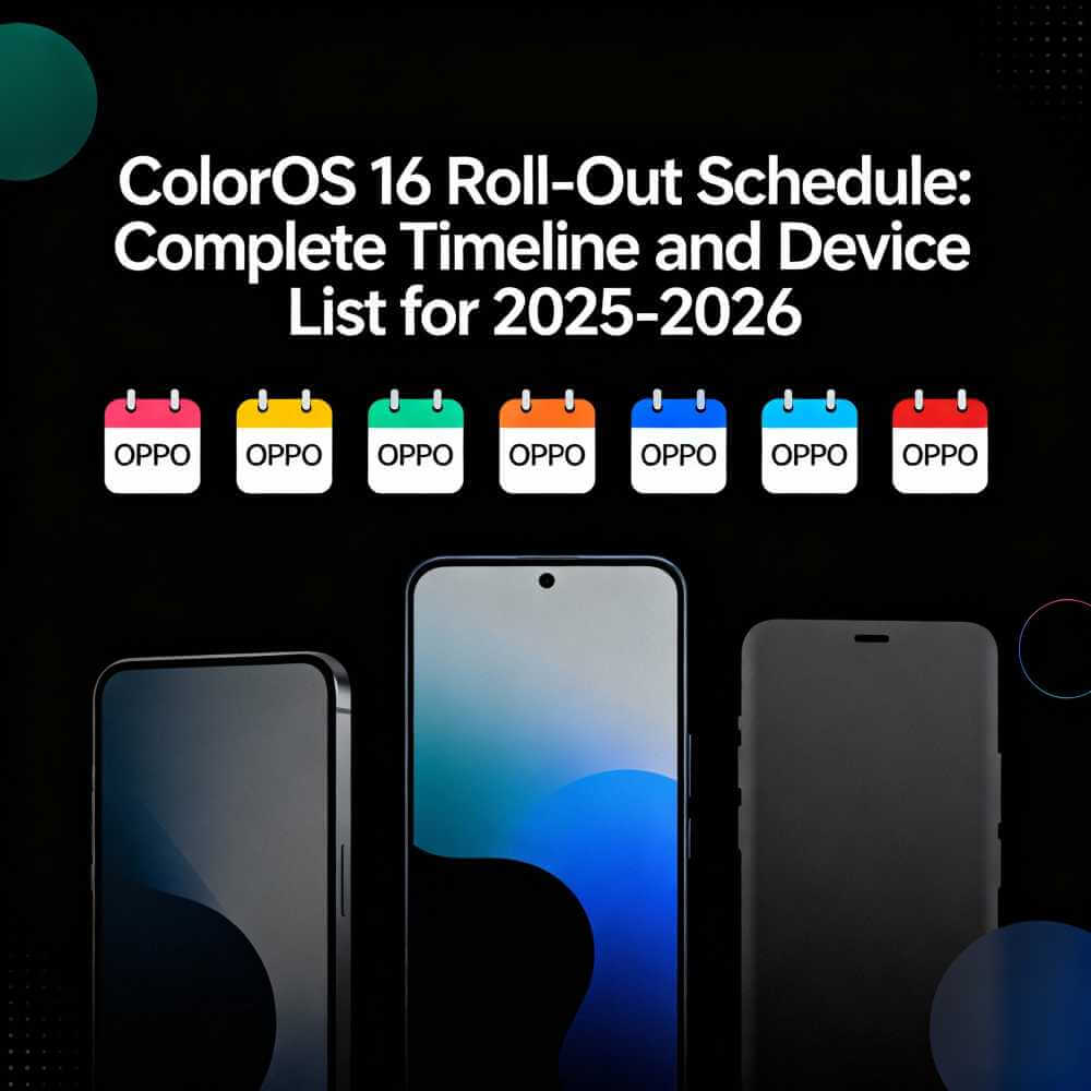 ColorOS 16 roll-out schedule infographic showing complete timeline and device list for OPPO smartphones from October 2025 to Q1 2026