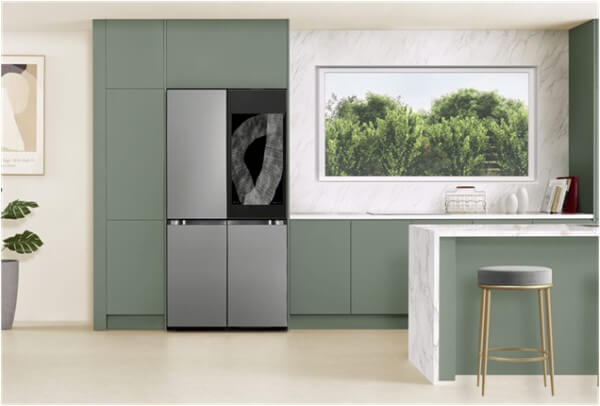 Samsung smart refrigerator with AI-enabled touchscreen in a modern kitchen setting
