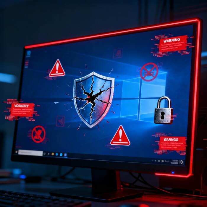 Windows 10 security risks visualization showing malware threats, vulnerabilities, and cyberattack warnings after end of support