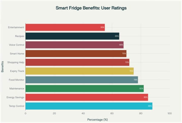Smart refrigerator benefits ranked by user value ratings, showing temperature control and energy efficiency as top priorities