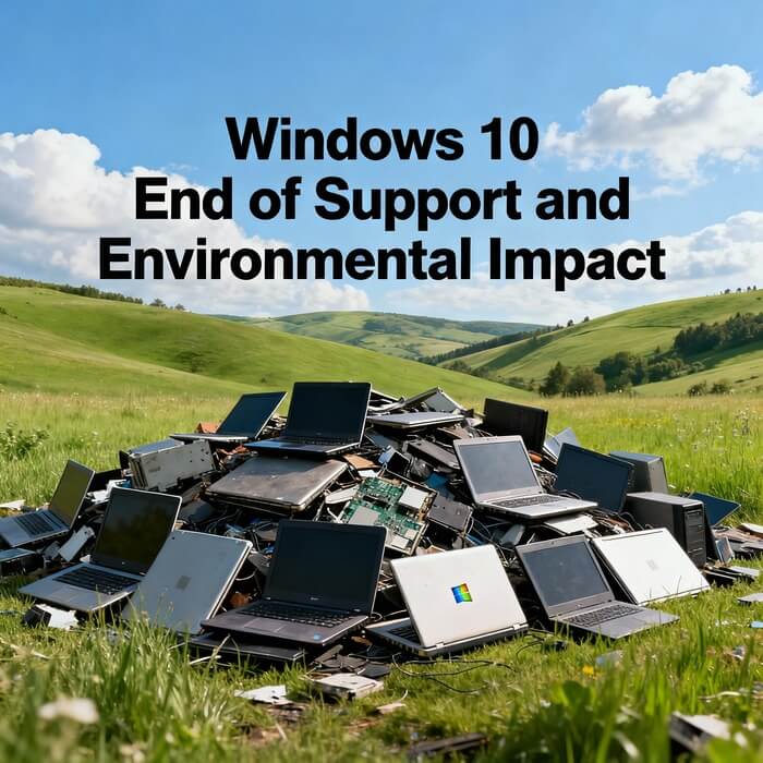 Windows 10 End of Support environmental impact showing e-waste computers discarded on green field illustrating obsolescence concerns