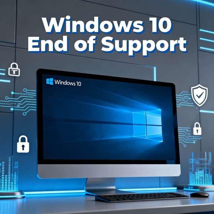 Windows 10 End of Support announcement with computer displaying security warning after October 14, 2025 deadline