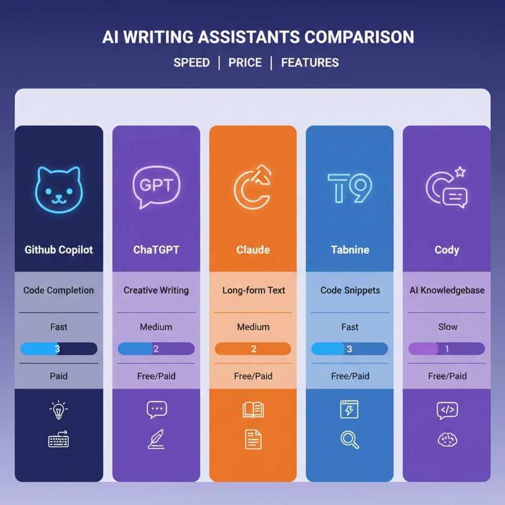 Comparison chart of top AI writing tools for developers 2025: GitHub Copilot vs ChatGPT vs Claude vs Tabnine vs Cody showing features, speed, and pricing