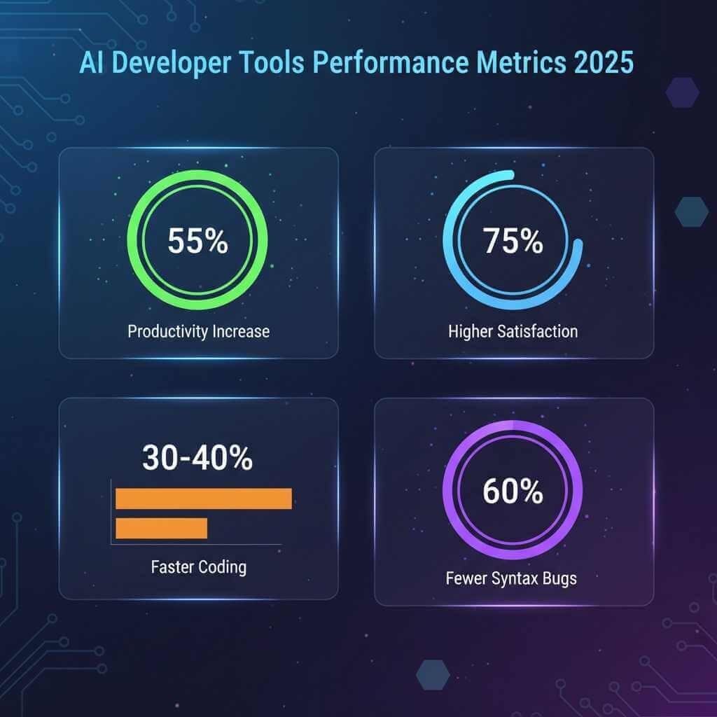 Performance metrics dashboard showing AI writing tools statistics: 55% productivity increase, 75% satisfaction rate, 30-40% faster coding, 60% fewer bugs