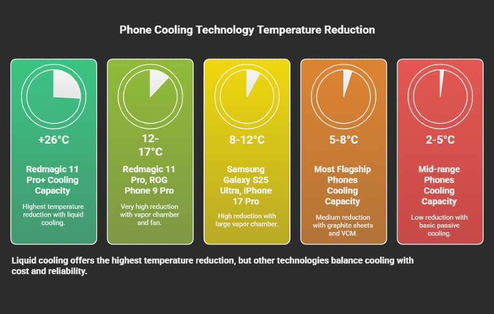 Cooling technology comparison infographic showing temperature reduction capabilities cost and performance benefits across passive vapor chamber active fan and liquid cooling systems