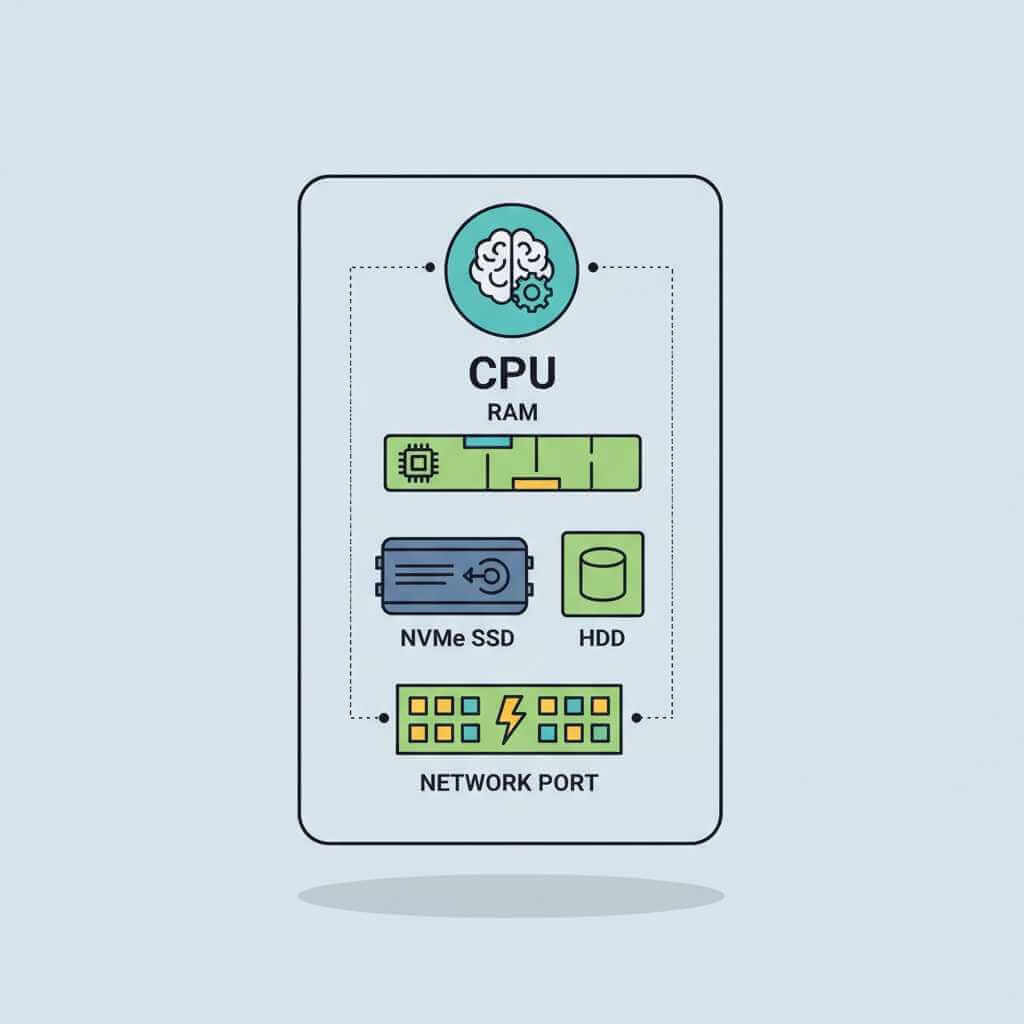 Diagram showing CPU, RAM, NVMe storage, and network ports inside a dedicated server rental machine.