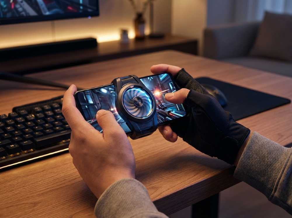 Gamer hands holding smartphone with active liquid cooling system running during extended mobile gaming session