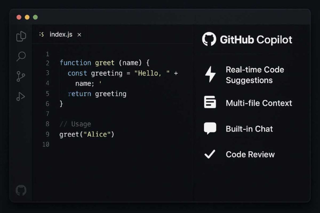 GitHub Copilot features showcase: real-time code suggestions, multi-file context understanding, built-in chat, and code review capabilities