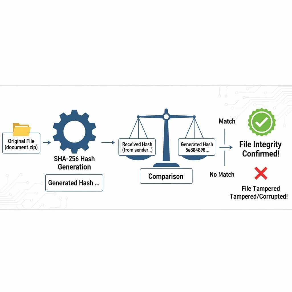 Hash verification workflow showing SHA-256 hash generation and file integrity confirmation