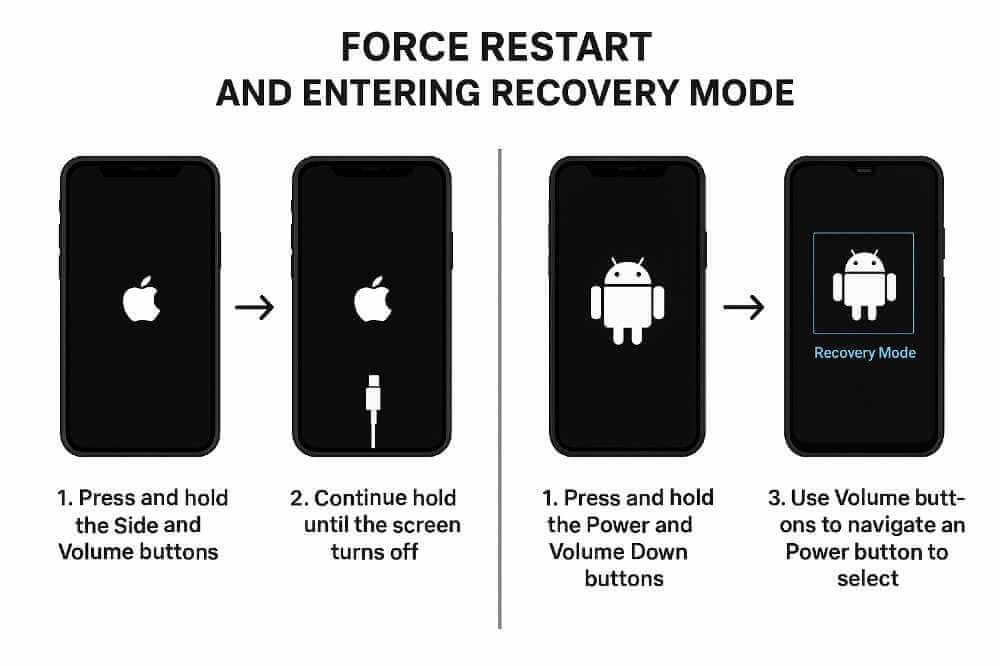 Step-by-step visual guide for force restart and entering iPhone Recovery Mode and Android Recovery Mode