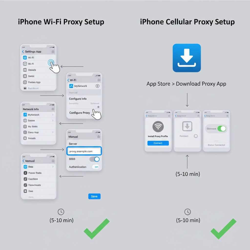 Side-by-side comparison of iPhone proxy setup: Wi-Fi method shows Settings > Wi-Fi > Configure Proxy steps; Cellular method shows download proxy app from App Store