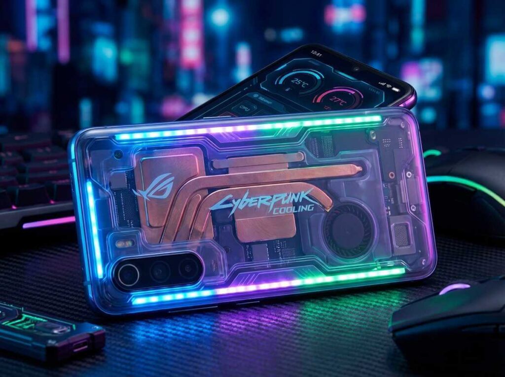 Liquid cooling gaming phone with active thermal management system showing vapor chamber heat dissipation channels and cooling fan vents