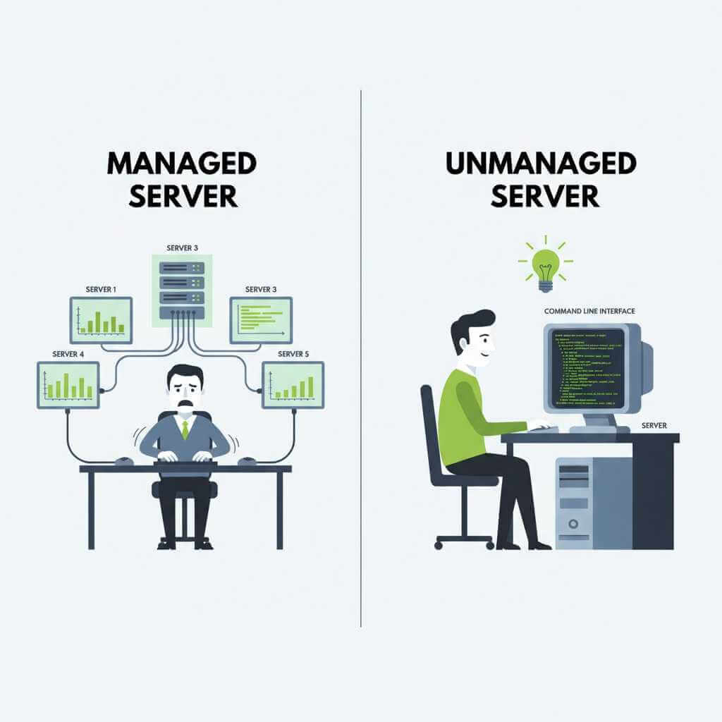 Illustration comparing managed and unmanaged dedicated server rental administration styles.