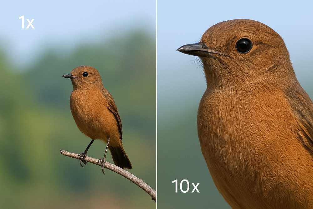 OPPO Find X9 Pro 200MP telephoto camera zoom sample showing detailed 10x optical quality vs 1x wide angle