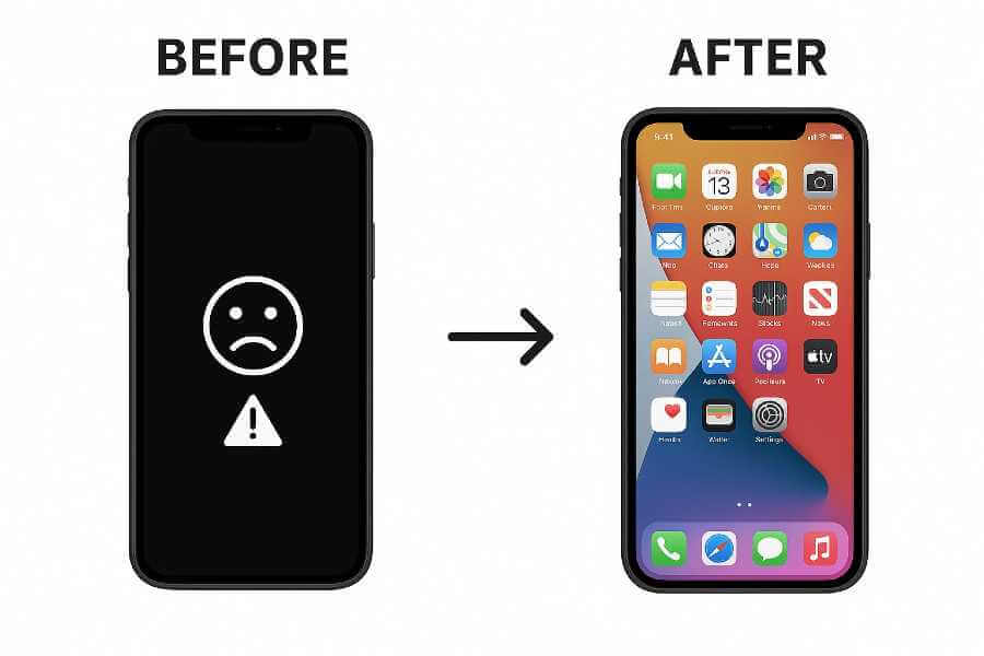 Before and after comparison showing bricked phone restored to working condition after repair