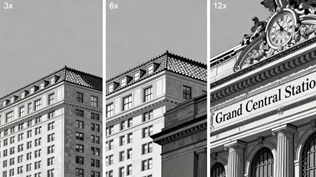 Realme GT 8 Pro 200MP telephoto zoom comparison: 3x vs 6x vs 12x optical zoom showing distant architectural details and text clarity at multiple zoom levels