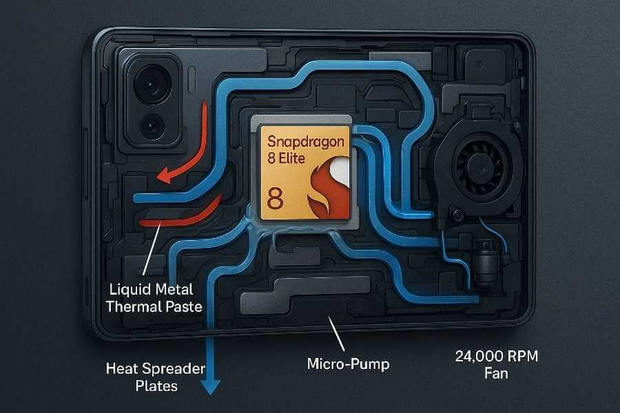 Redmagic 11 Pro internal liquid cooling system architecture showing micro-pump, coolant circulation channels, and heat dissipation design