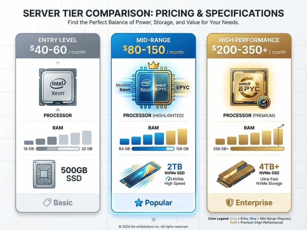 Server hardware specifications and pricing comparison showing entry-level, mid-range, and high-performance dedicated server tiers with processor, RAM, and storage specifications
