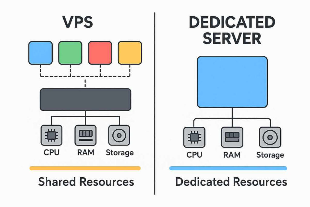 VPS vs Dedicated Server comparison showing shared resources in VPS versus exclusive dedicated resources in dedicated servers