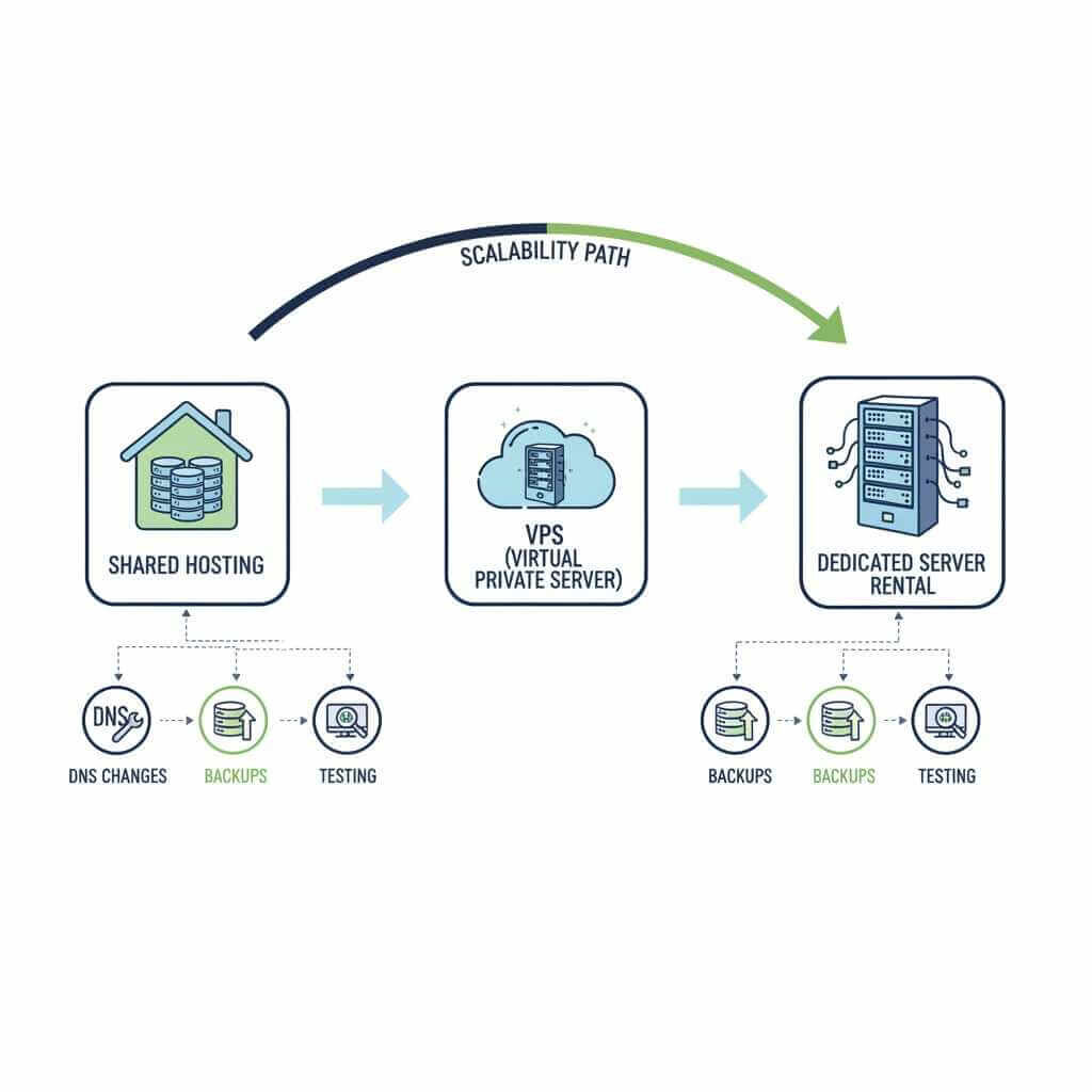 Flowchart of migrating from shared hosting or VPS to dedicated server rental.