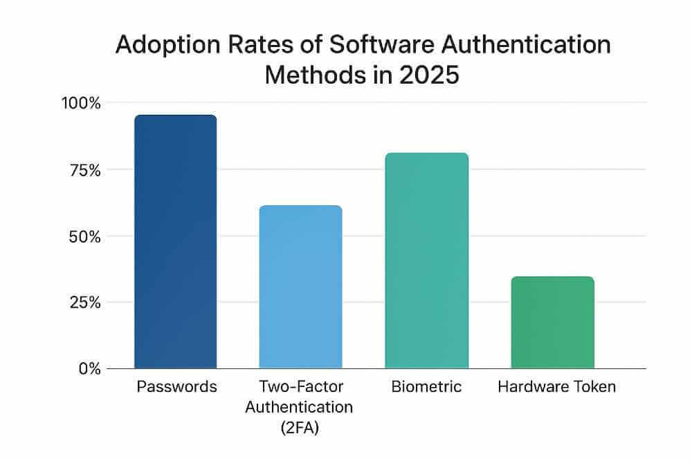 Bar chart comparing adoption rates of different software authentication methods in 2025