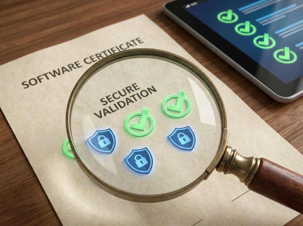 Magnifying glass examining software certificate with security shields and green checkmarks