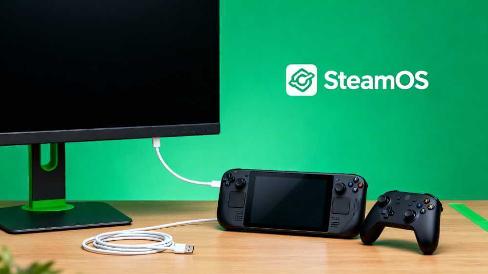 SteamOS gaming setup with Steam Deck controller and minimalist desktop interface