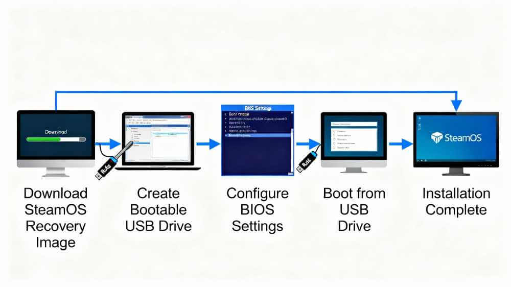 Step-by-step SteamOS installation process showing download, USB creation, BIOS configuration, and installation stages