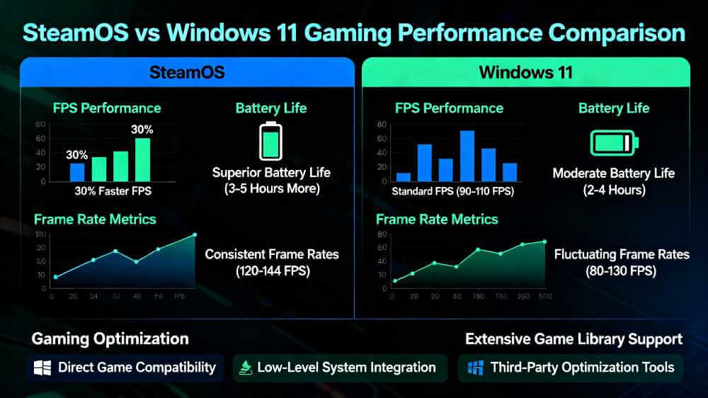 Side-by-side performance comparison chart showing SteamOS 30% faster FPS, better battery life, and gaming optimization versus Windows 11