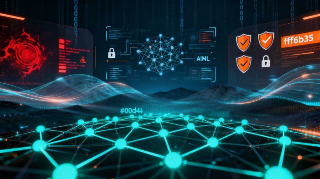 AI-powered cybersecurity threat detection: Neural network visualization analyzing digital threats with real-time protection and machine learning analysis in progress