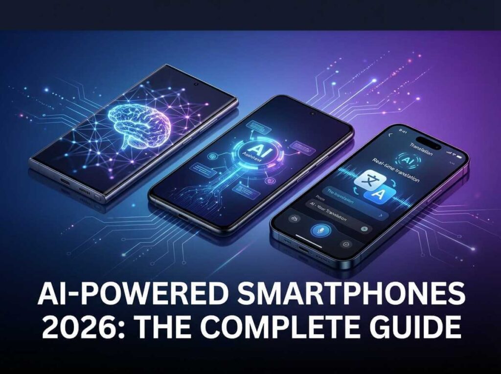 Hero image showing premium AI-powered smartphones for 2026 including Samsung Galaxy S25 Ultra, Google Pixel 10 Pro, and Apple iPhone 17 Pro Max with AI features visualized