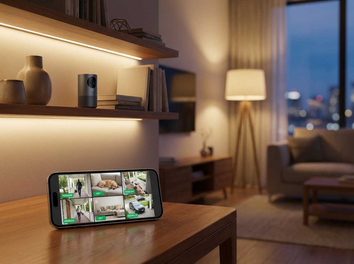 AI Security Cameras 2025 monitored from a flagship smartphone with real-time AI detection alerts