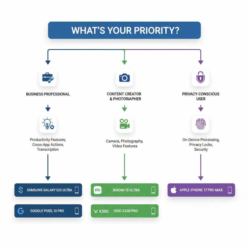 AI-powered smartphone buyer's guide decision tree showing which phones best suit business professionals, content creators, photographers, and privacy-conscious users