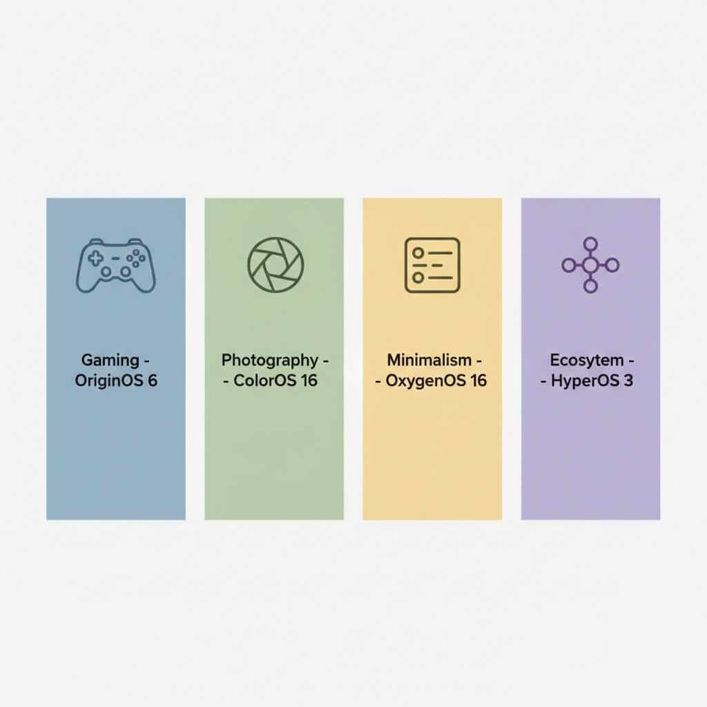 Infographic showing best Android skin picks for gaming, photography, minimalism and ecosystem users.