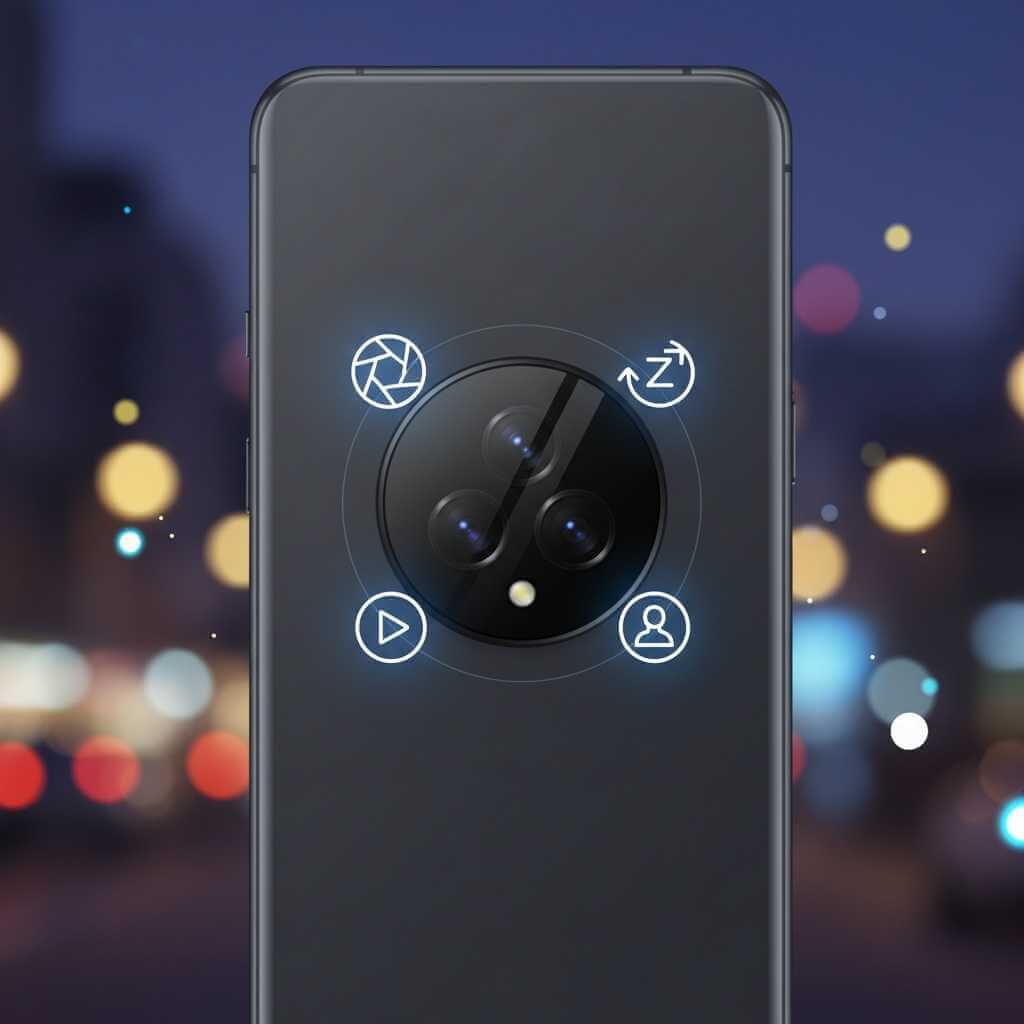 Smartphone with large camera module and photography icons, representing camera‑focused Android skins.