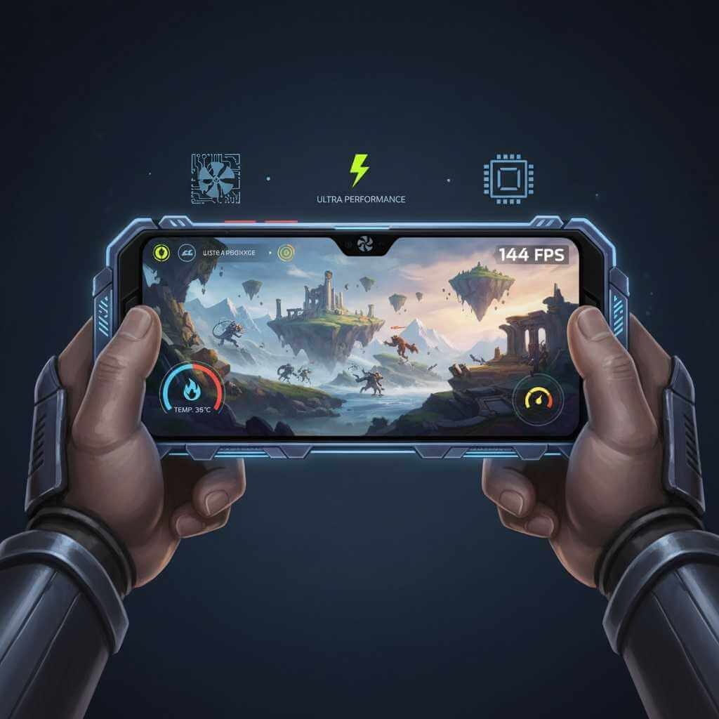 Gaming smartphone showing high frame rate in a mobile game, symbolizing strong Android gaming performance.