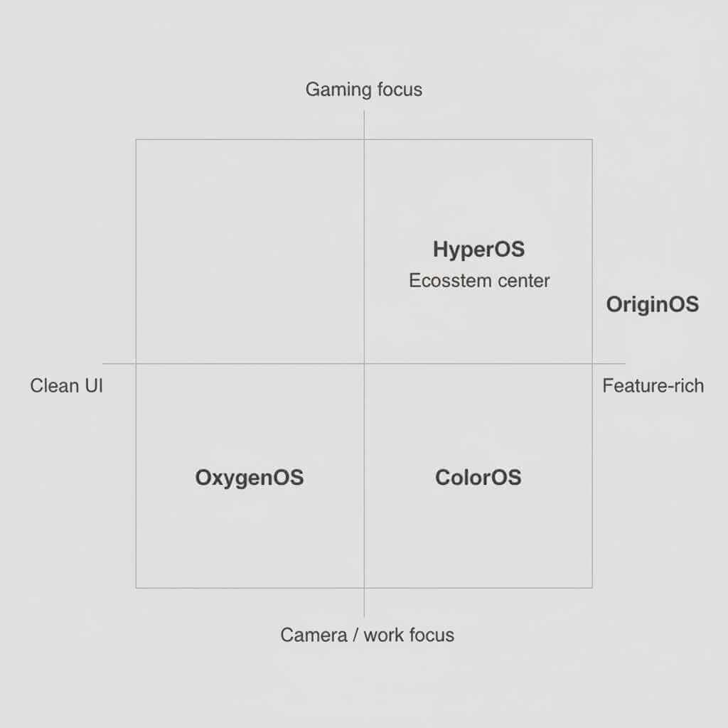 Quadrant chart comparing HyperOS, OriginOS, ColorOS and OxygenOS by gaming focus, camera focus and UI complexity.