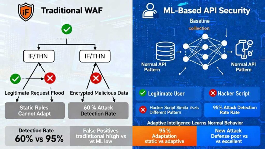 Comparison diagram: Traditional Web Application Firewall with fixed security rules versus Machine Learning API security analyzing request parameters, volume, and behavioral patterns to detect sophisticated attacks