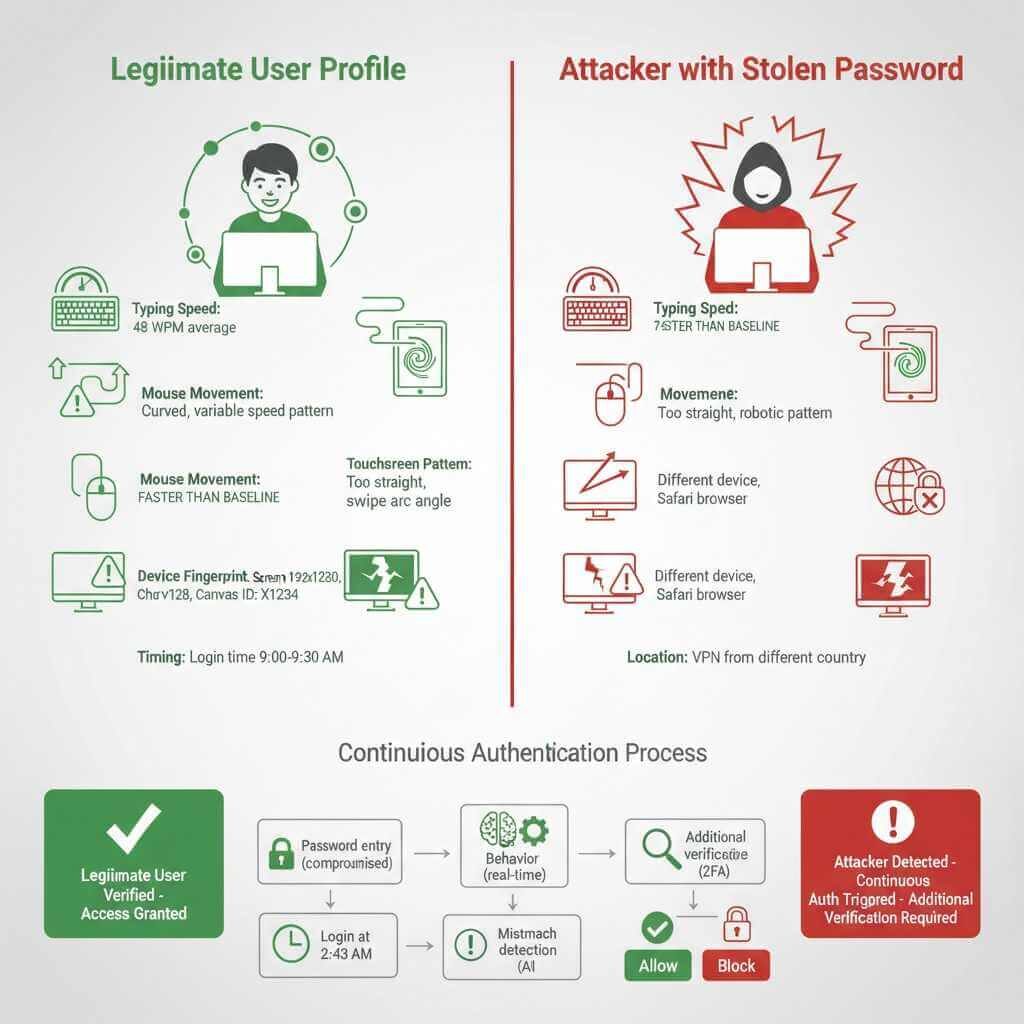 Behavioral biometrics authentication infographic: Legitimate user with matching typing speed, mouse patterns, and device fingerprint versus attacker using stolen password but mismatched behavioral patterns triggering continuous authentication alert and additional verification