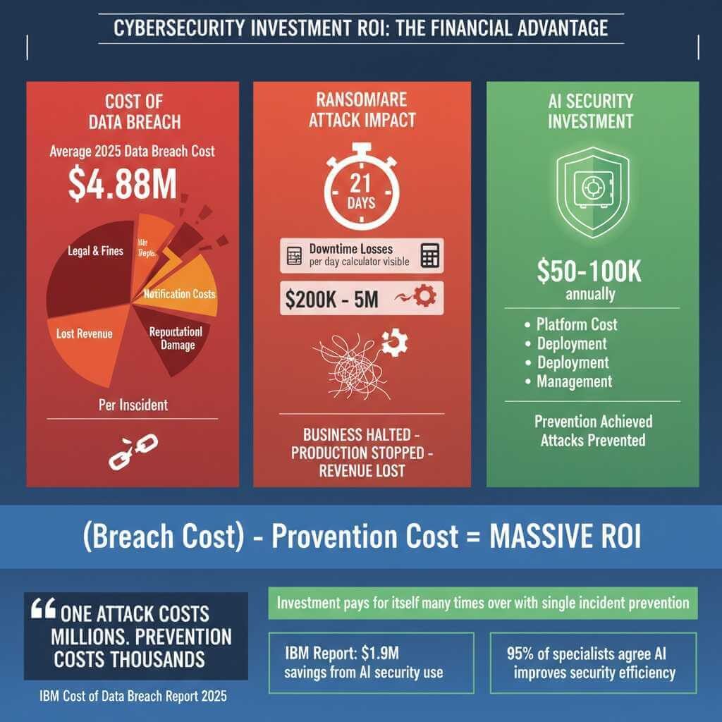 Cost-benefit analysis infographic: Average data breach cost $4.88 million (fines, legal, lost revenue, reputational damage) versus AI security investment $50-100K annually, demonstrating significant ROI for preventative AI cybersecurity