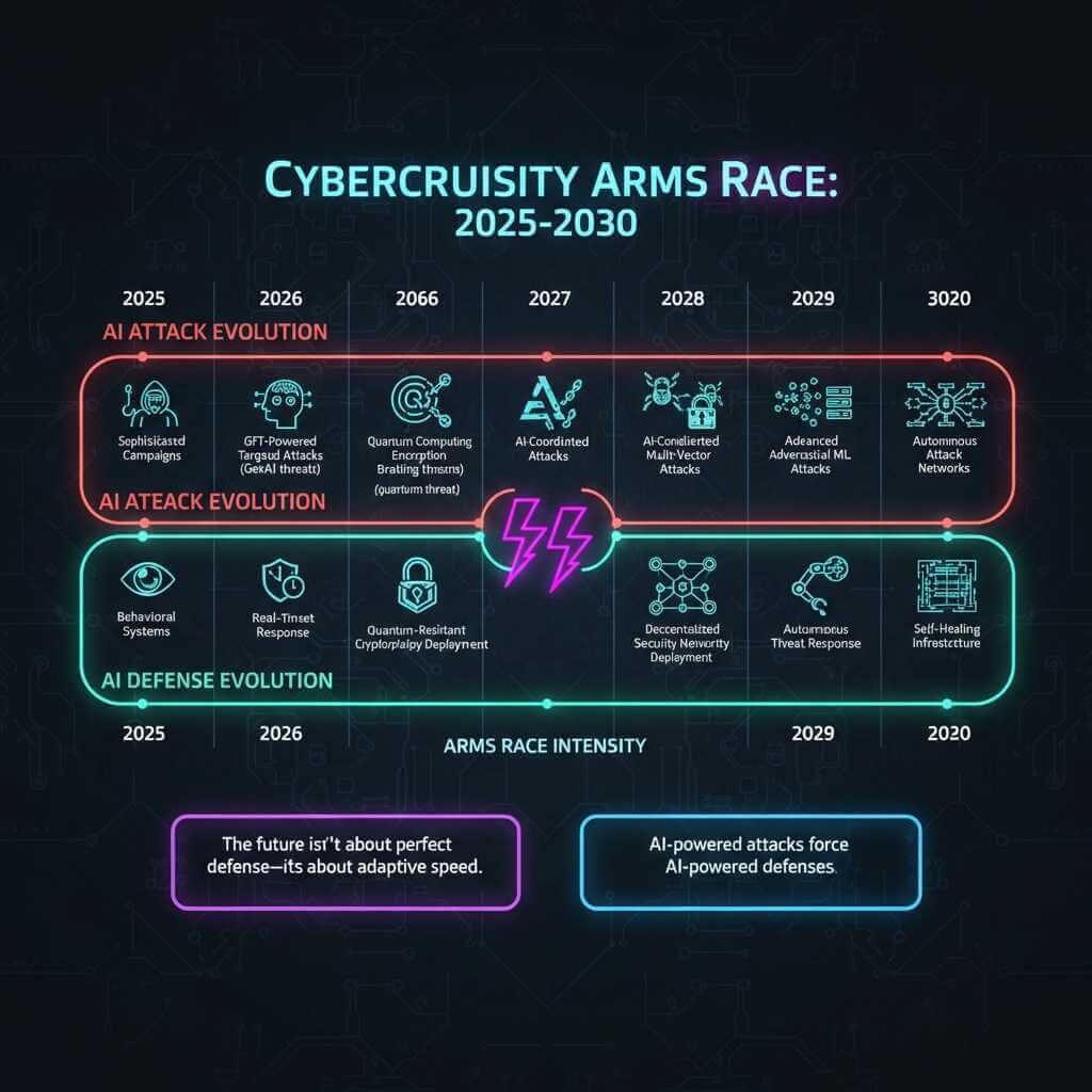 Cybersecurity roadmap 2025-2030: Timeline showing parallel evolution of AI-powered attacks (quantum encryption breaking, GPT campaigns, autonomous attacks) and AI-powered defenses (quantum cryptography, decentralized security, autonomous response systems)