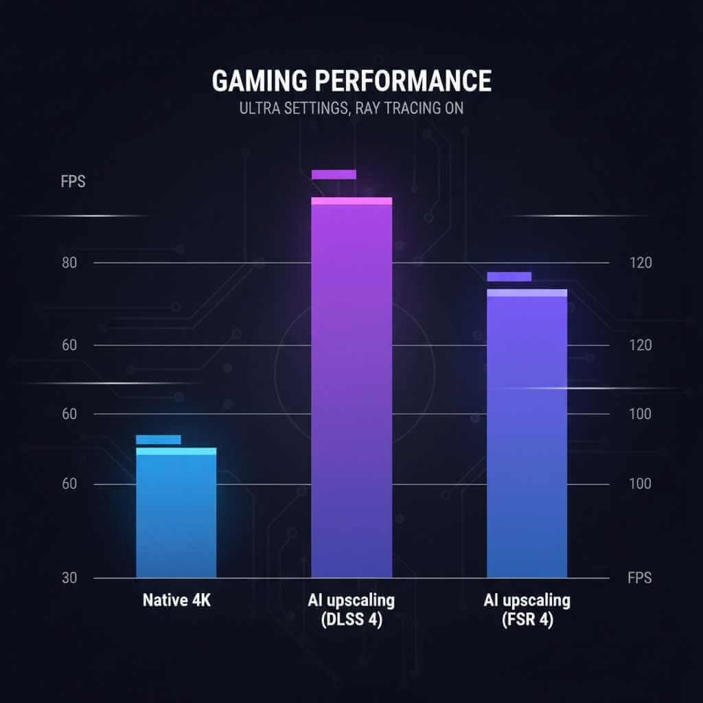 Illustrated FPS bar chart showing higher frame rates with DLSS 4 and FSR 4 AI upscaling compared to native 4K rendering.