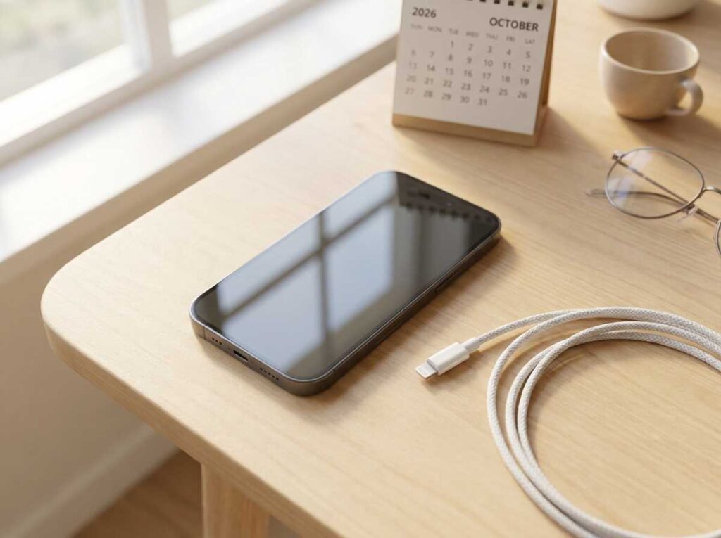  iPhone 14 on a desk with a Lightning cable, representing whether it’s still worth buying in 2026.