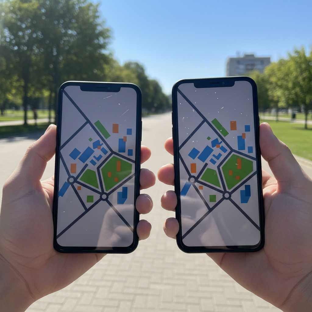 Two smartphones in sunlight showing one screen harder to read and the other clearer, illustrating brightness differences.